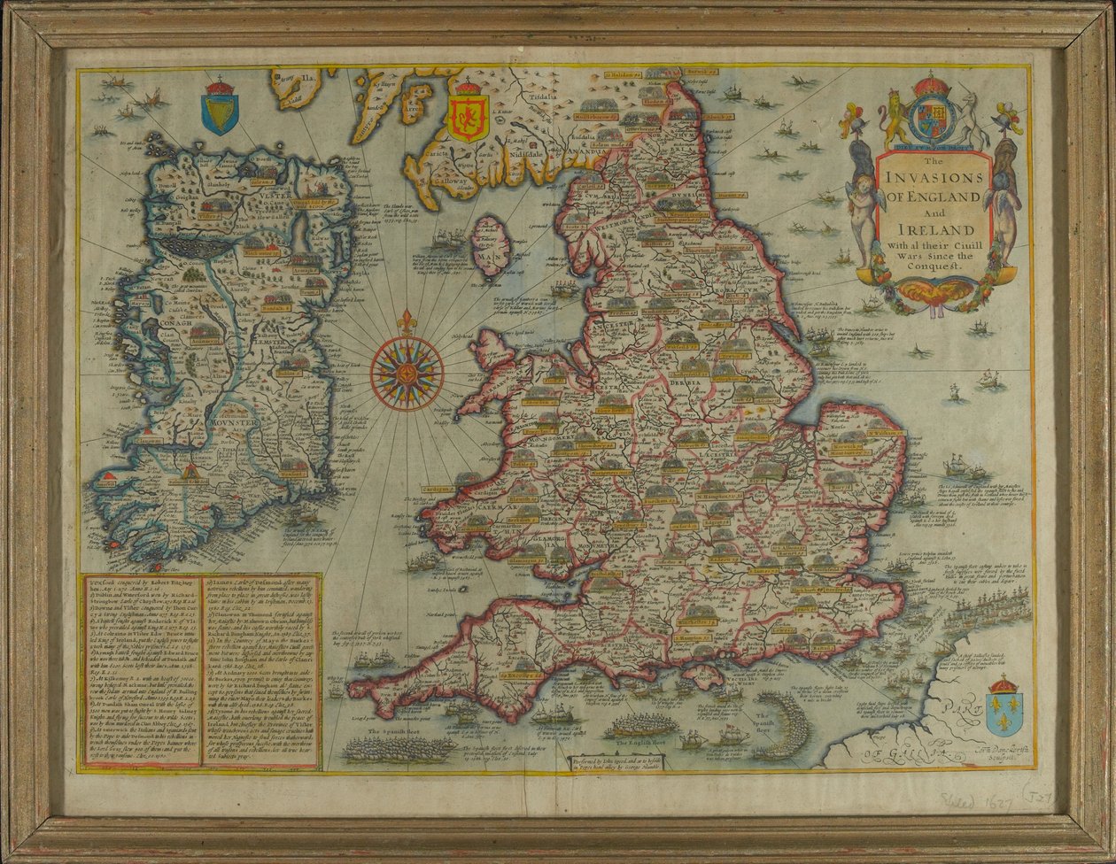 Mapa przedstawiająca inwazje na Anglię i Irlandię ze wszystkimi ich [sic] wojnami cywilnymi od czasu podboju, ok. 1627 r. (ręcznie barwione grawerunki) autorstwa John Speed