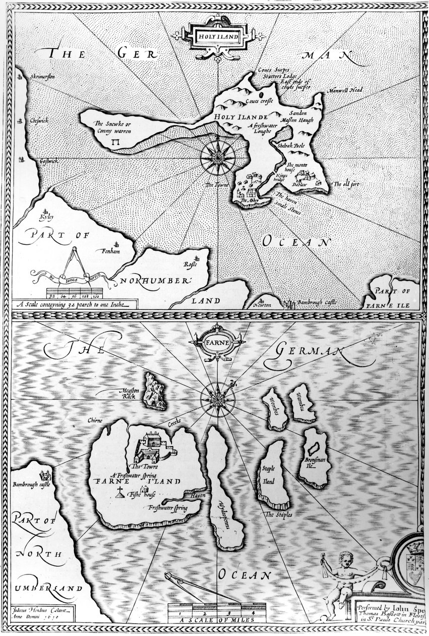 Mapy Holy Island i Farne Island, Northumberland, z "The Theatre of the Empire of Great Britaine" Johna Speeda, 1676 r. autorstwa John Speed