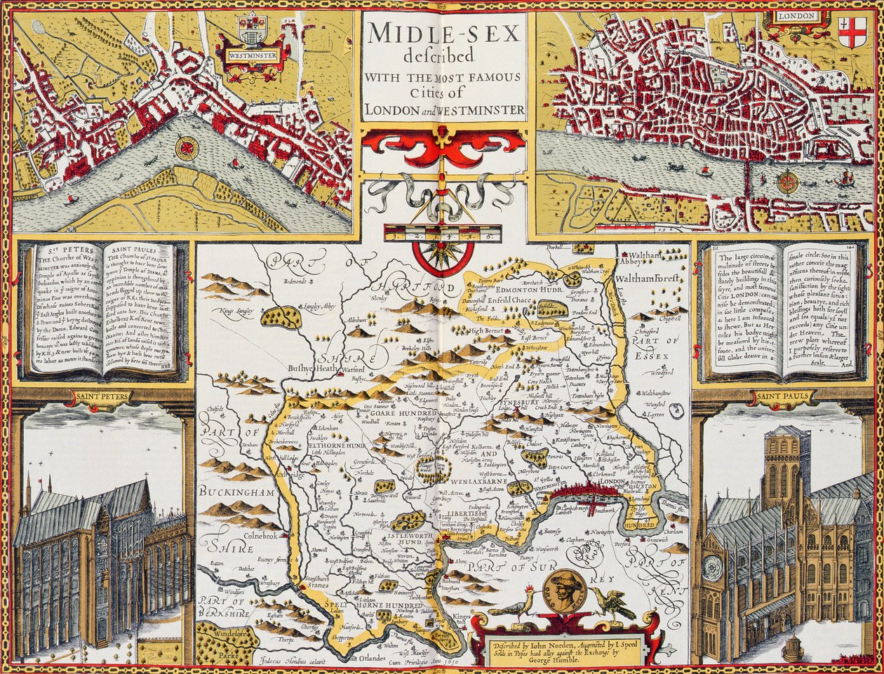 Średniej płci opisany z najsłynniejszymi miastami Londynu i Westminsteru, z „Teatru Imperium Wielkiej Brytanii” Speeda, 1611-12 (ręcznie barwiony miedzioryt) autorstwa John Speed