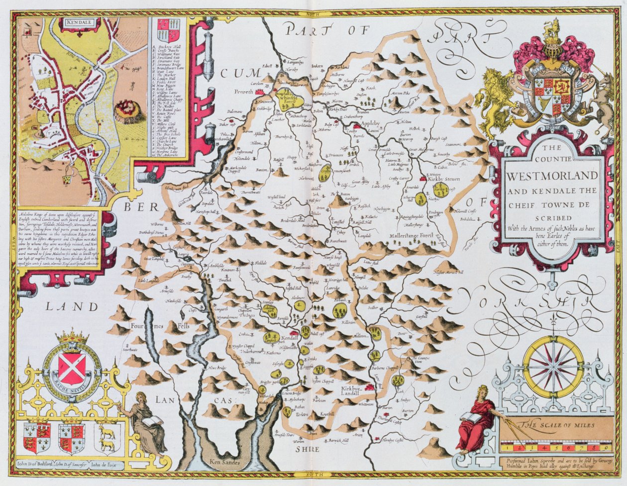 Hrabstwo Westmorland, rytowane przez Jodocusa Hondiusa (1563-1612) z John Speeds Theatre Imperium Wielkiej Brytanii, wyd. autorstwa Johna Sudbury i George