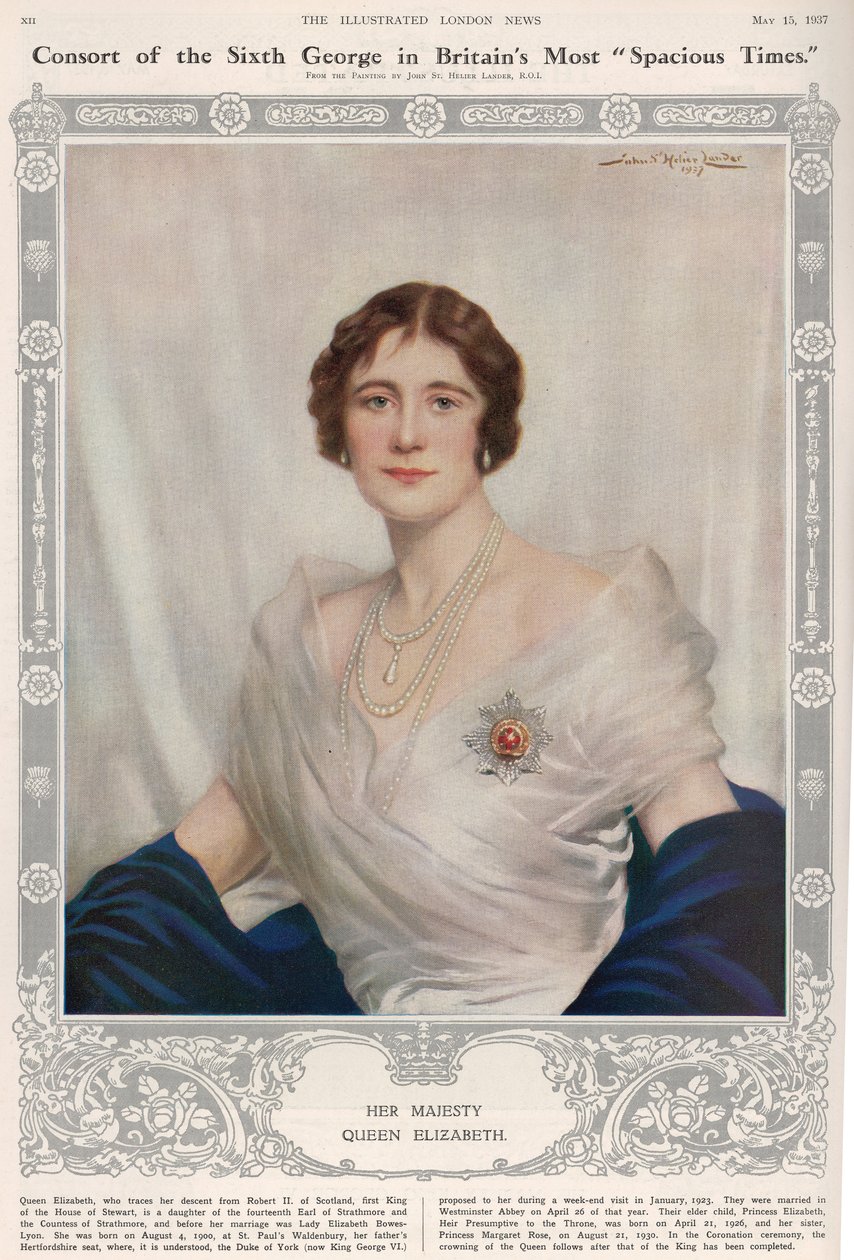 Portret królowej Elżbiety (1900-2002) z "The Illustrated London News", 15 maja 1937 r. autorstwa John St. Helier Lander