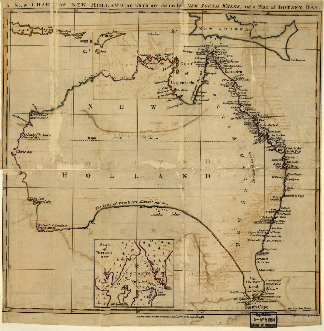 Nowa mapa Nowej Holandii, na której zaznaczono New South Wale i plan Botany Bay. LOC 00556400 autorstwa John Stockdale