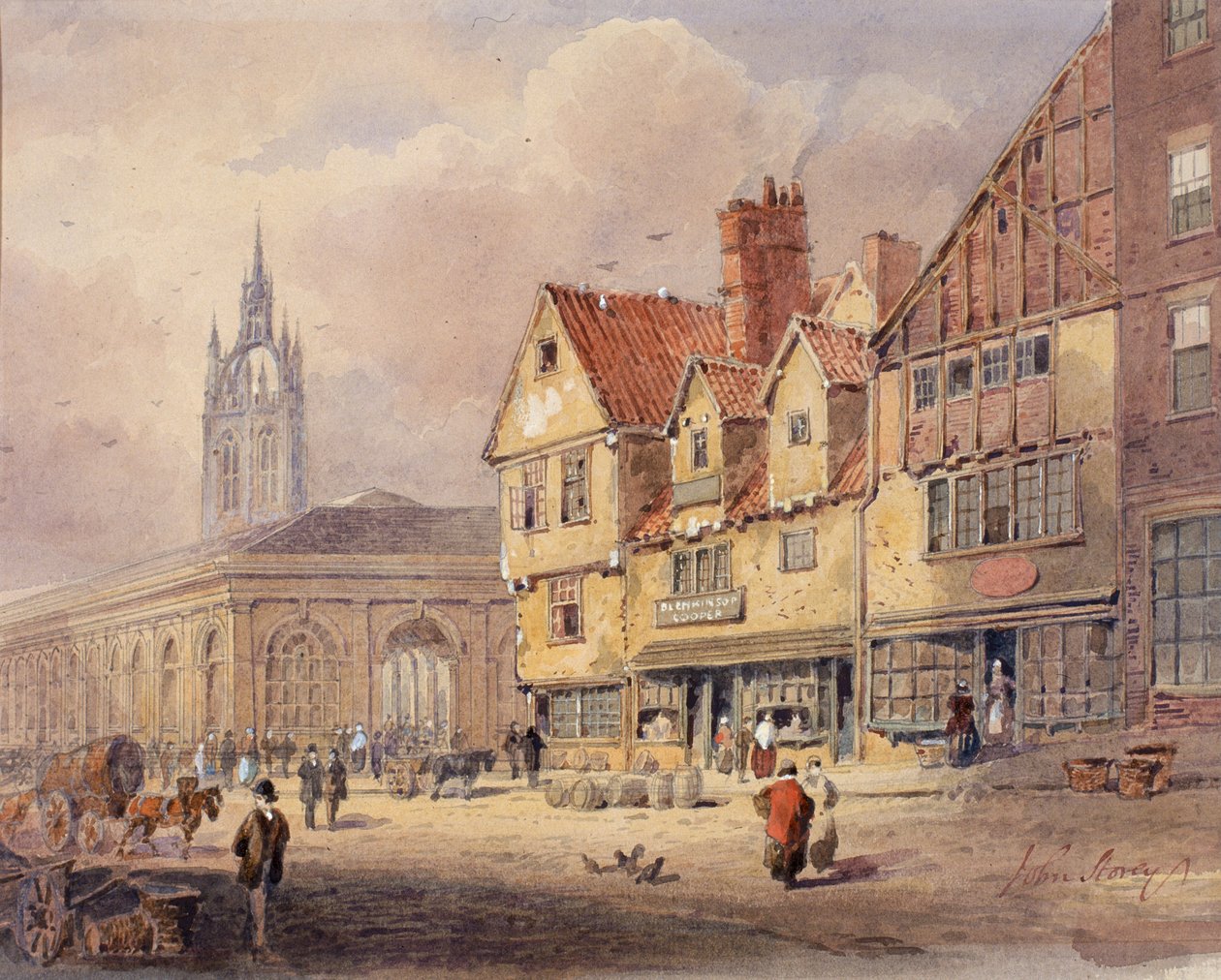 Stare budynki, Union Street i Corn Exchange przed wybudowaniem ratusza (kolor nadwozia na papierze) autorstwa John Storey