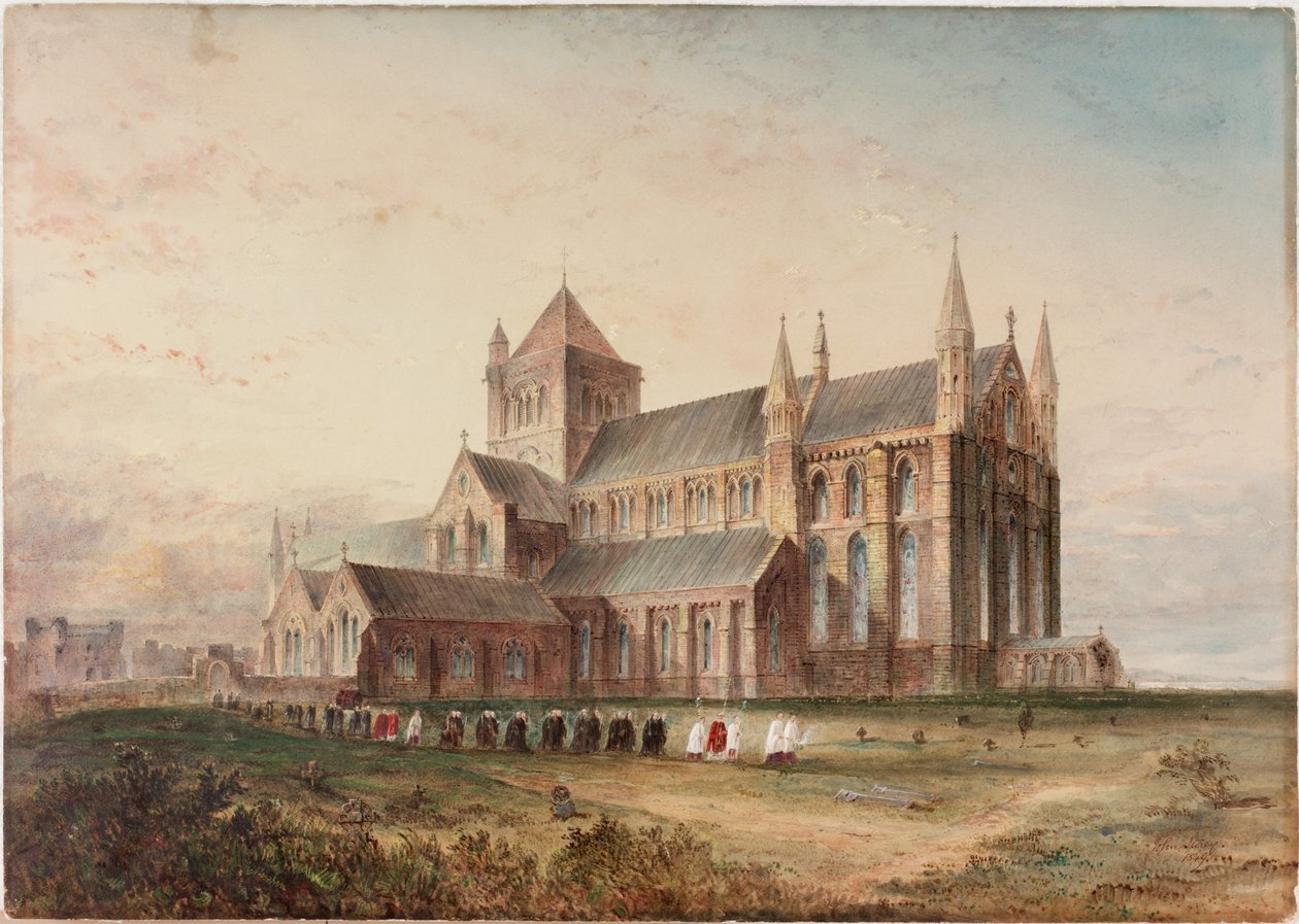 Tynemouth Priory, Exterior, Conjectural Restory (kolor nadwozia, ołówek i toaleta na papierze) autorstwa John Storey