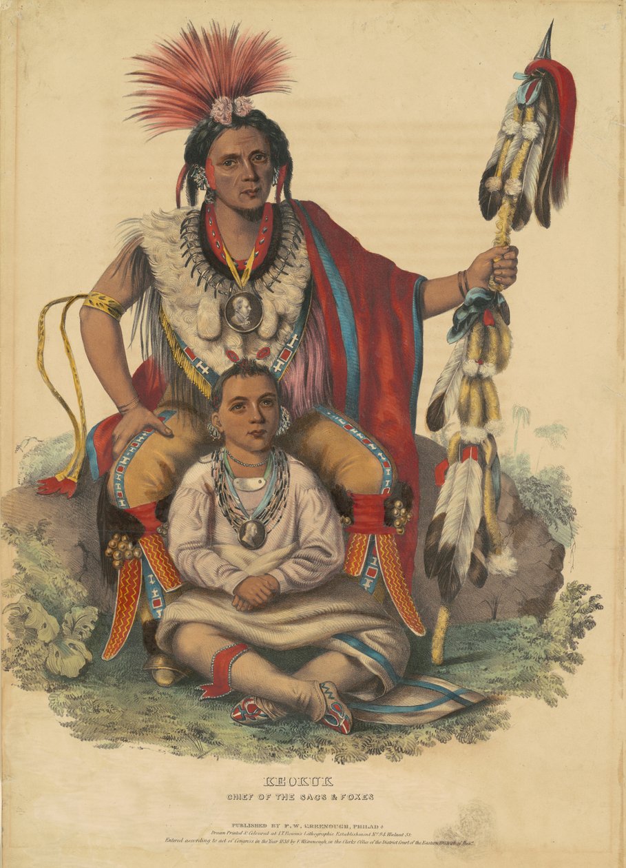 Keokuk, szef worków i lisów, 1838 (ręcznie kolorowana litografia na papierze tkanym) autorstwa John T. Bowen