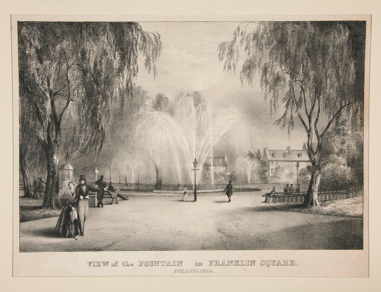 Widok fontanny na Franklin Square w Filadelfii autorstwa John T. Bowen