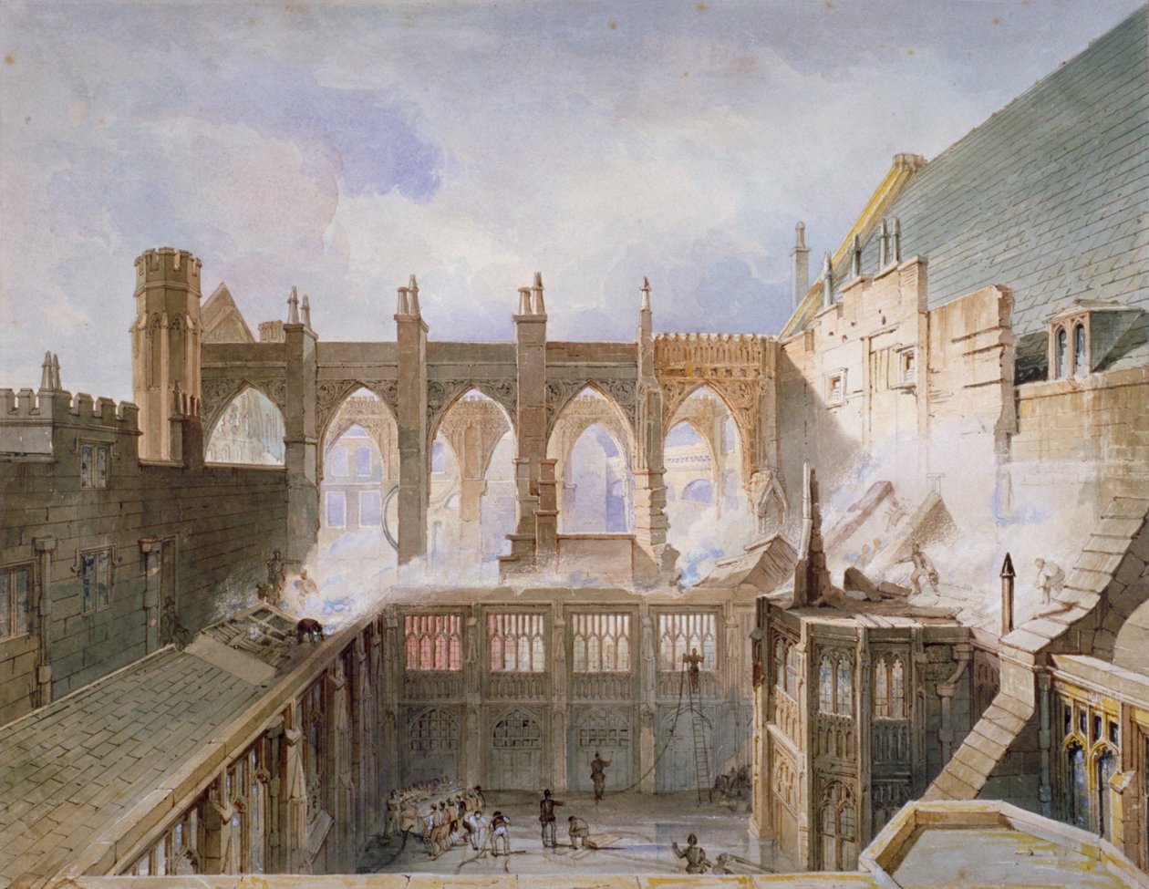 Widok zniszczenia kaplicy św Szczepana, Pałac Westminsterski, Londyn, 1834 autorstwa John Taylor