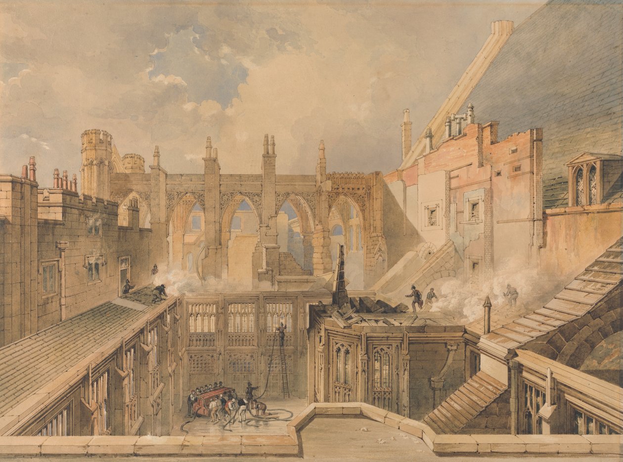 Widok pozostałości kaplicy św. Szczepana, budynków parlamentu, rankiem po pożarze 16 października 1834 r. autorstwa John Taylor Jr.