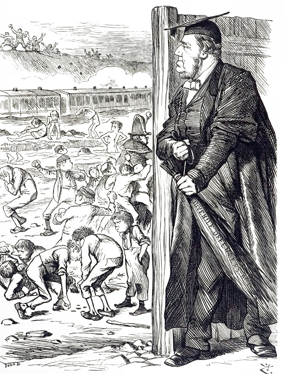 Karykatura przedstawiająca Williama Vernona Harcourta (1827-1904), który gdy minister spraw wewnętrznych zalecił wprowadzenie brzozy zamiast aresztu dla młodocianych przestępców. Ilustrowane przez Johna Tenniela (1820-1914), angielskiego ilustratora, grafi autorstwa John Tenniel