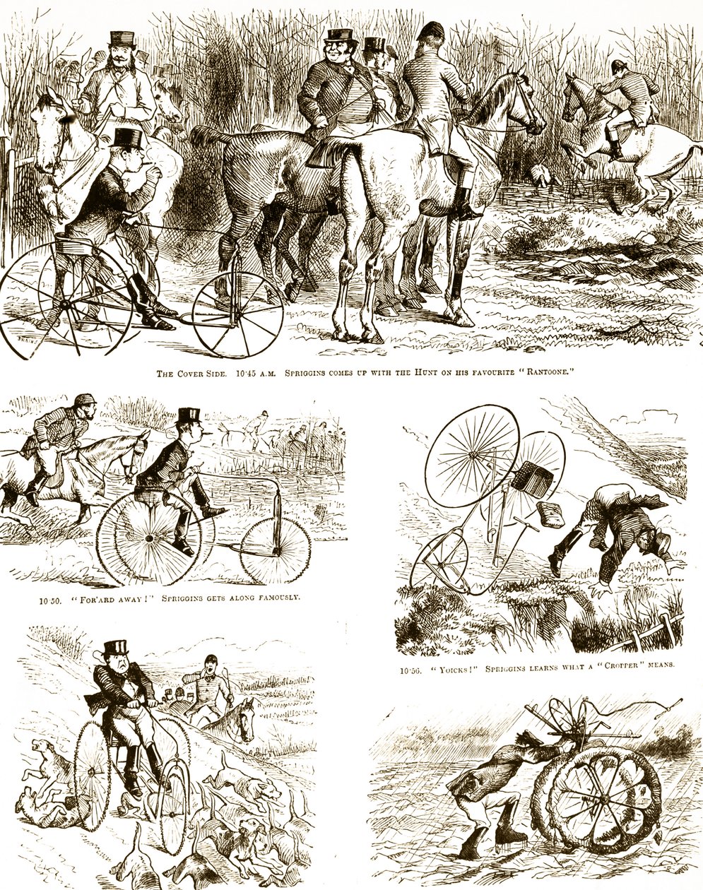 Karykatura przedstawiająca mężczyznę polującego na trójkołowym rowerze. Ilustrowane przez Johna Tenniela (1820-1914), angielskiego ilustratora, grafika humorystycznego i rysownika politycznego autorstwa John Tenniel