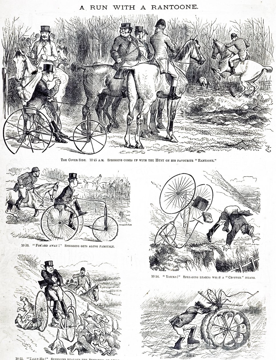Karykatura przedstawiająca mężczyznę polującego na trójkołowym rowerze. Ilustrowane przez Johna Tenniela (1820-1914), angielskiego ilustratora, grafika humorystycznego i rysownika politycznego autorstwa John Tenniel