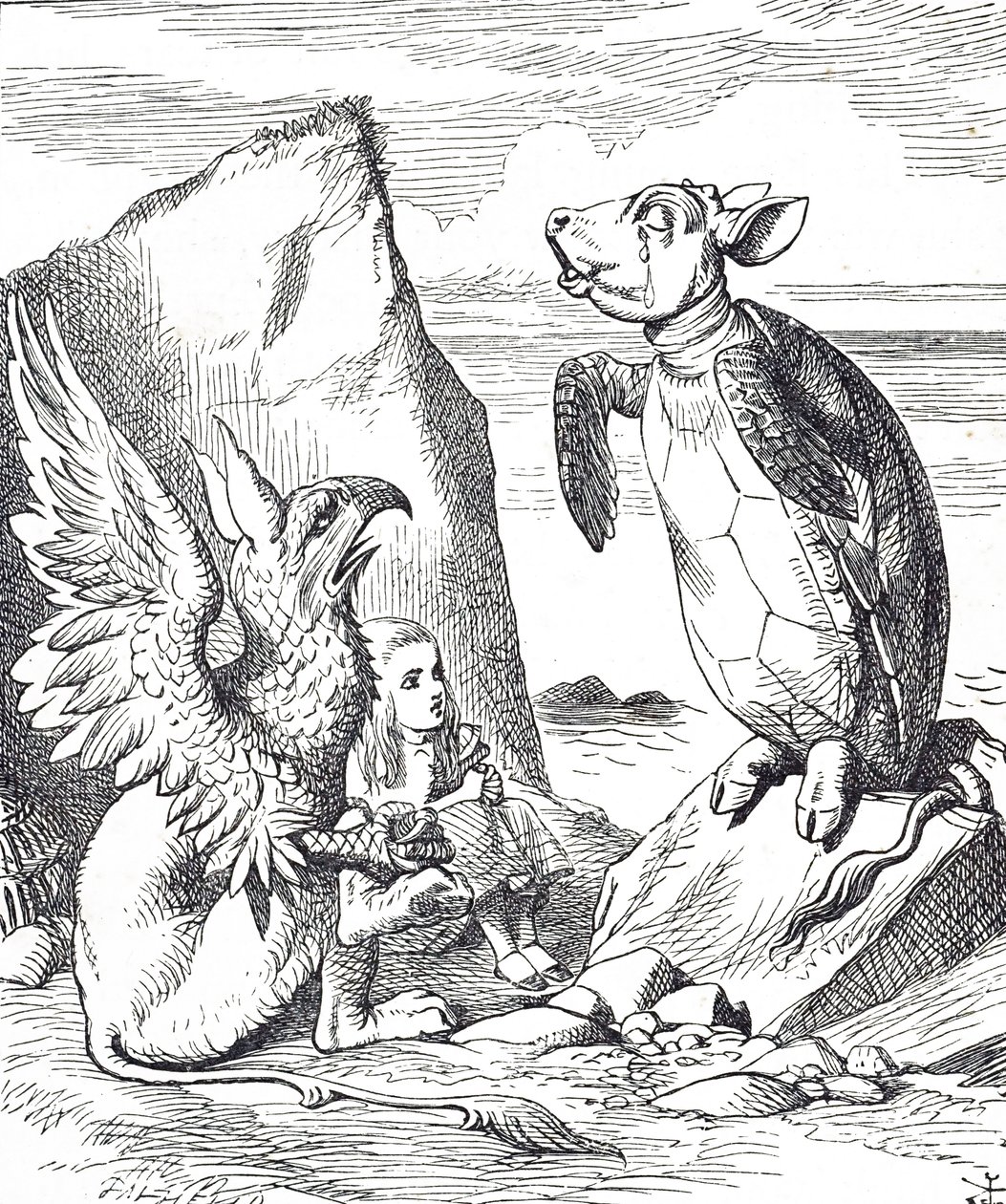 Alicja, Mock Turtle i Gryf z Alicji w Krainie Czarów autorstwa John Tenniel