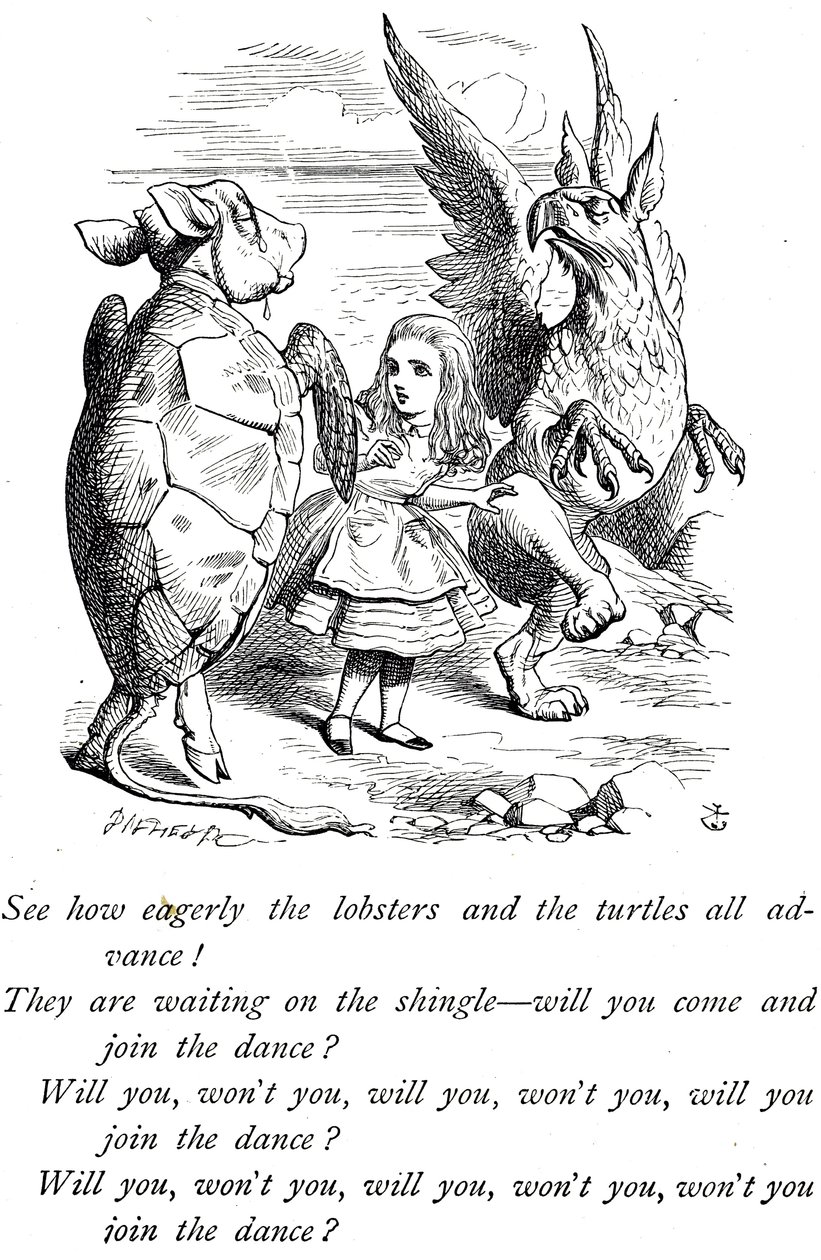 Alicja, Mock Turtle i Gryf z Alicji w Krainie Czarów autorstwa John Tenniel