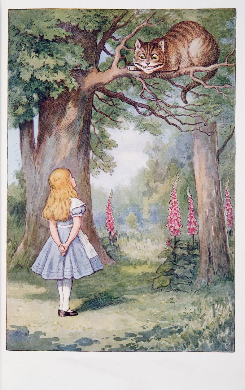 Alicja i kot z Cheshire, Alicja w krainie czarów i przez lustro i co Alicja tam znalazła, Lewis Carroll (1832 - 98), opublikowana w 1911 (kolorowa litografia) autorstwa John Tenniel