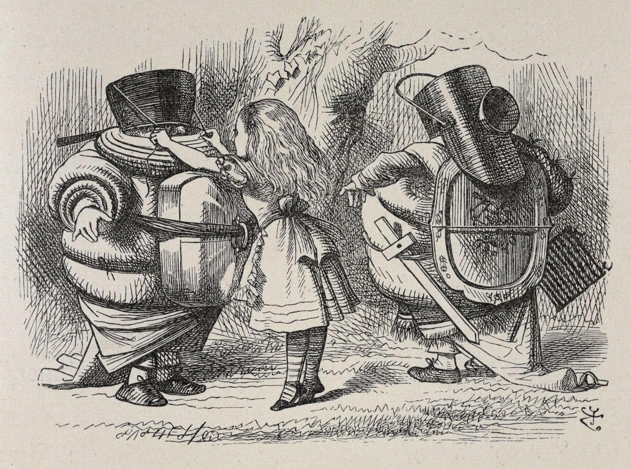 Alice przebiera Tweedledee i Tweedledum. autorstwa John Tenniel