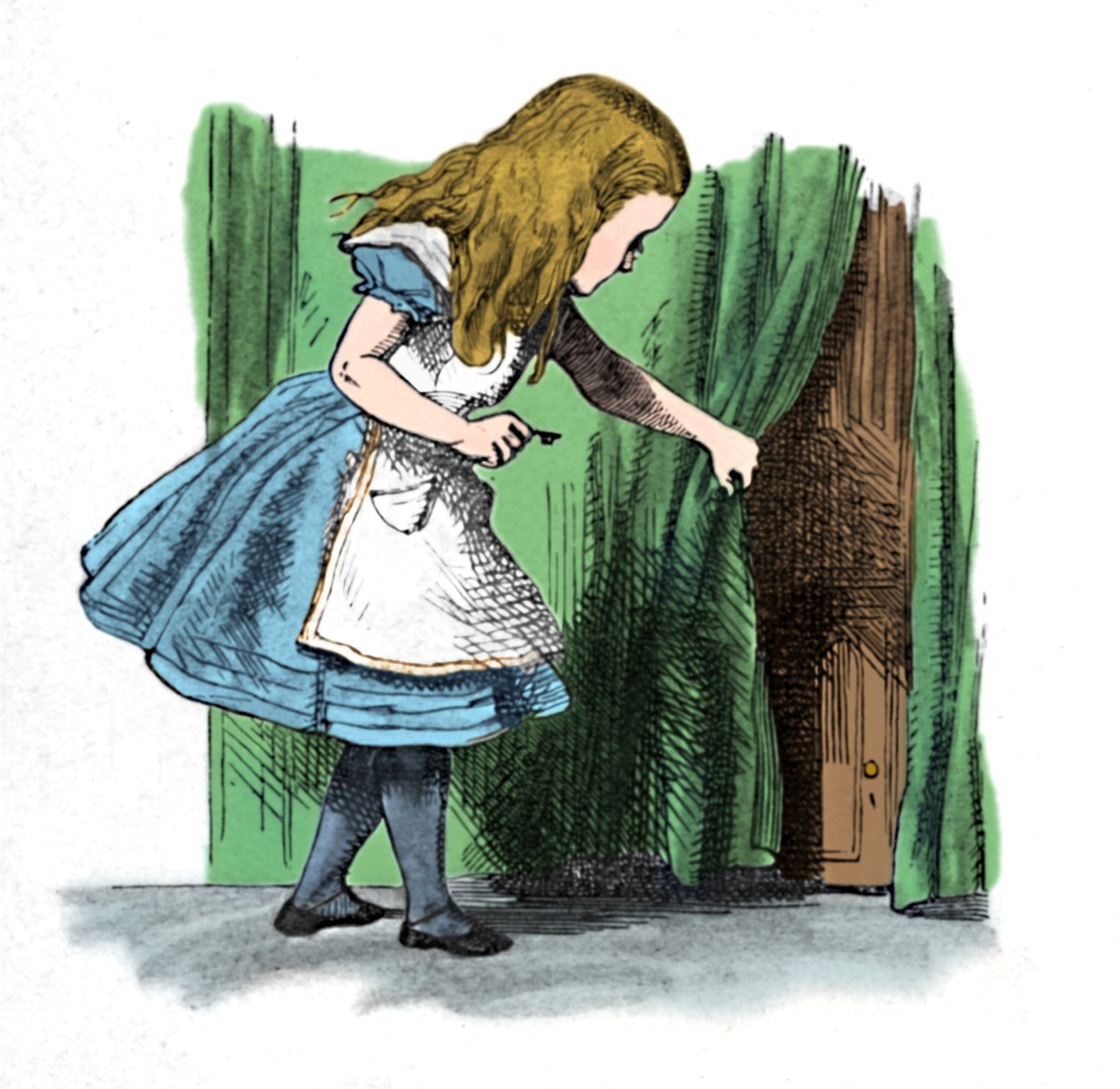 Alicja patrząca na małe drzwi za zasłoną, 1889 autorstwa John Tenniel