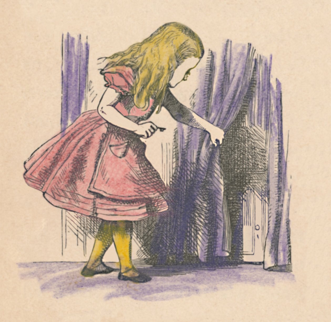 Alicja patrząca na małe drzwi za zasłoną, 1889 autorstwa John Tenniel