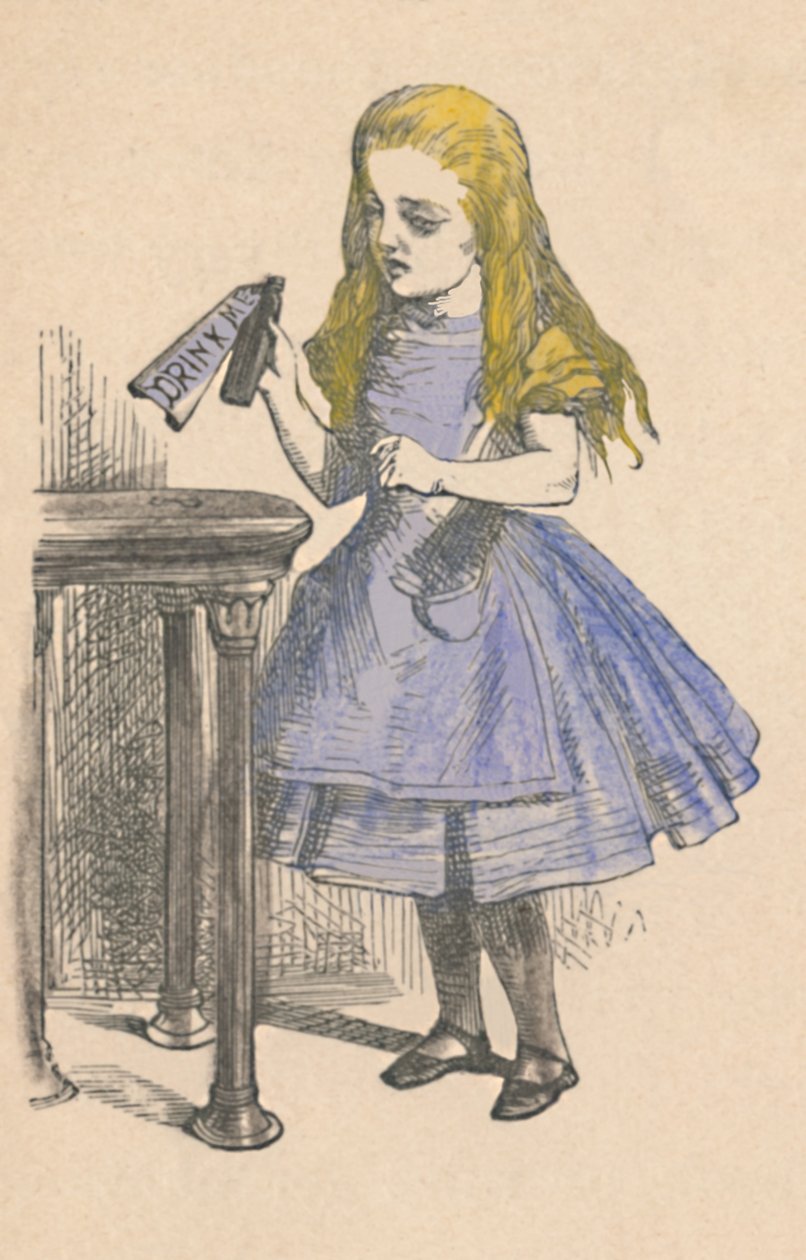 Alicja patrząca na butelkę z napisem „wypij mnie”, 1889 autorstwa John Tenniel