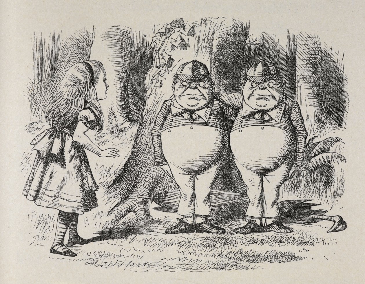 Alice po raz pierwszy spotyka Tweedle Dee i Tweedle Dum. Stali pod drzewem, każdy z ramieniem wokół szyi drugiego, a Alicja wiedziała, które za chwilę, ponieważ jeden z nich miał wyhaftowany napis „Dum” na kołnierzu, a drugi „Dee. autorstwa John Tenniel