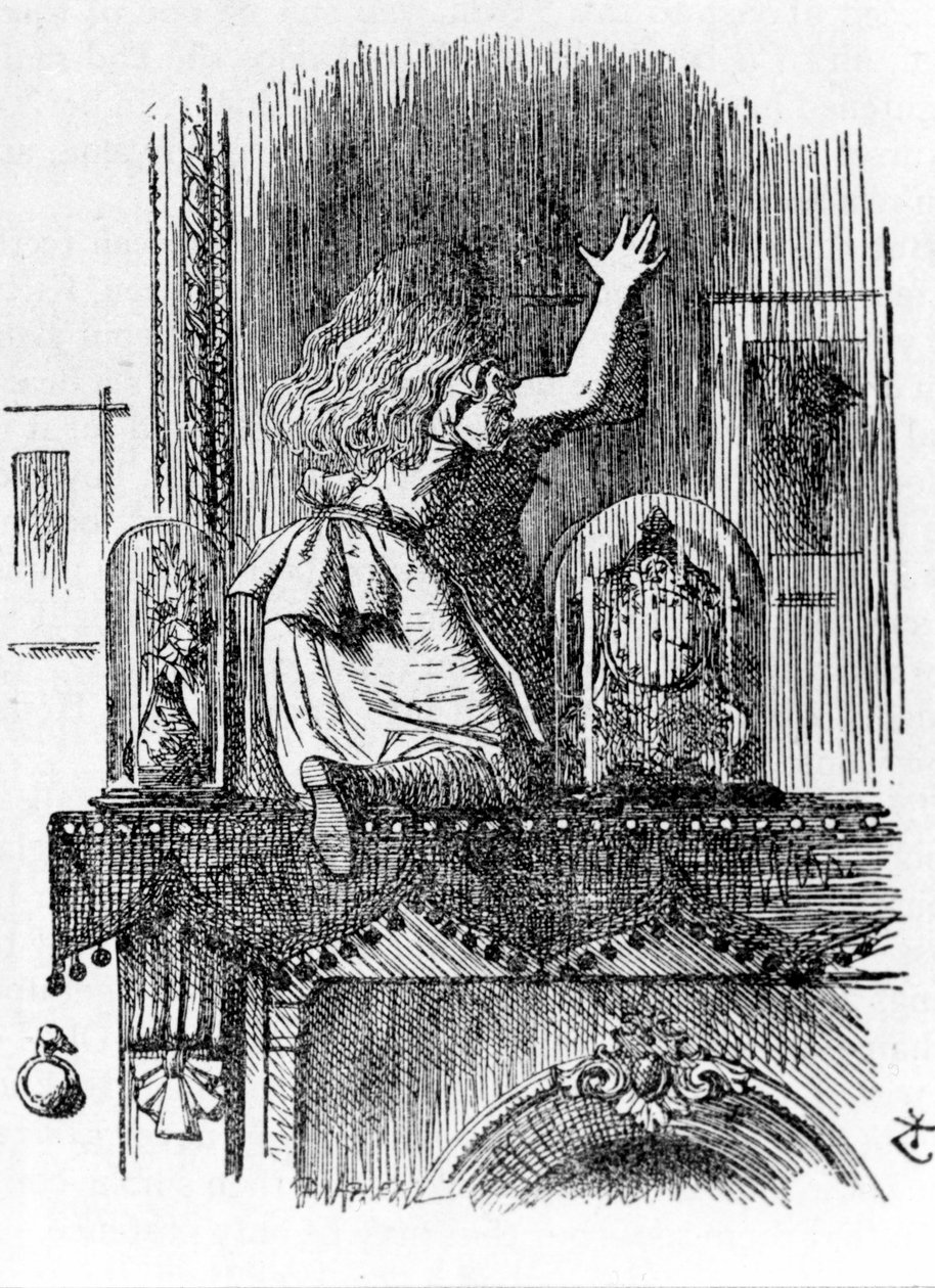 Alicja przemierzająca lustro - w „Przygodach Alicji w Krainie Czarów i przez lustro” Lewisa Carrolla, ilustracja John Tenniel (1820-1914) autorstwa John Tenniel