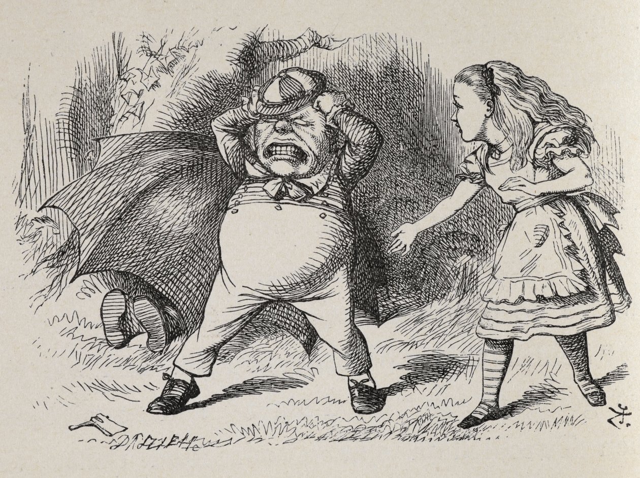 Alicja z Wściekłym Tweedledumem i ukrywającym Tweedledee. autorstwa John Tenniel