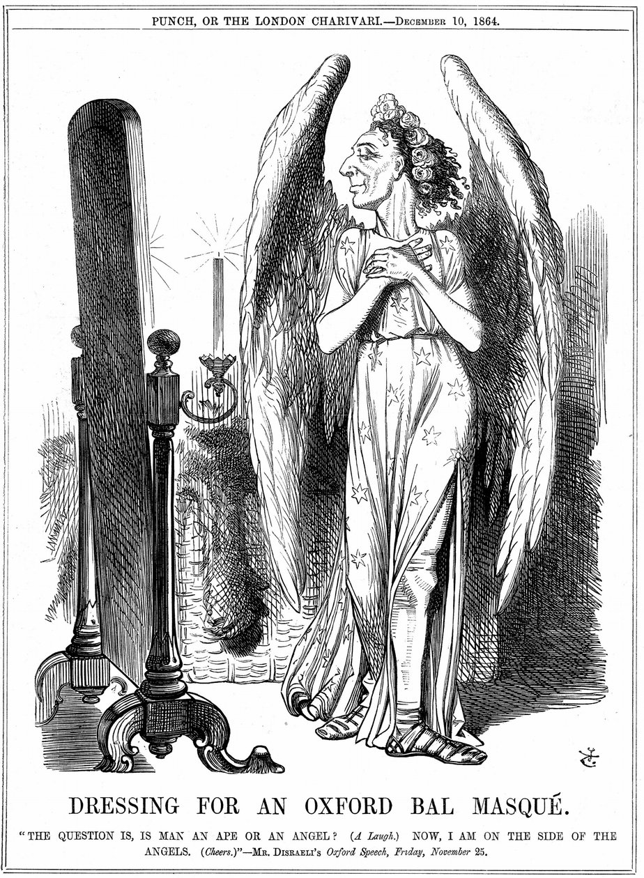 Benjamin Disraeli (1804-81) brytyjski konserwatywny mąż stanu. „Teraz jestem po stronie Aniołów”. Kreskówka Johna Tenniela z Punch w Londynie autorstwa John Tenniel