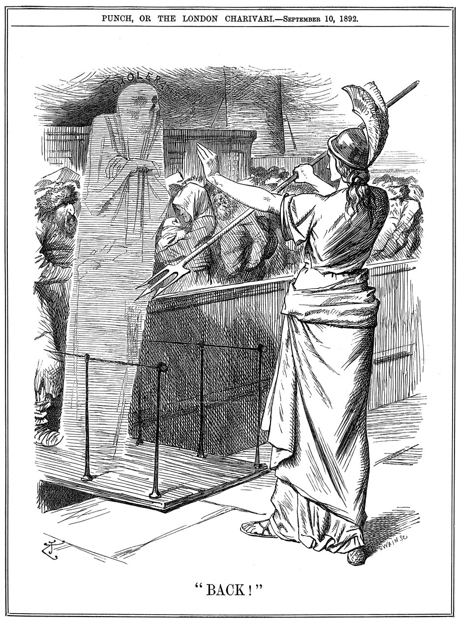Britannia powstrzymująca cholerę w portach brytyjskich, 1892 autorstwa John Tenniel