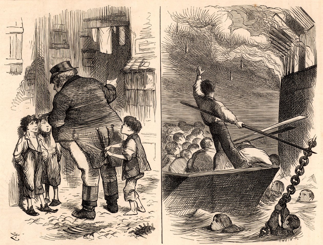 Spalenie okrętu szkoleniowego Royal Navy „Goliath” autorstwa John Tenniel