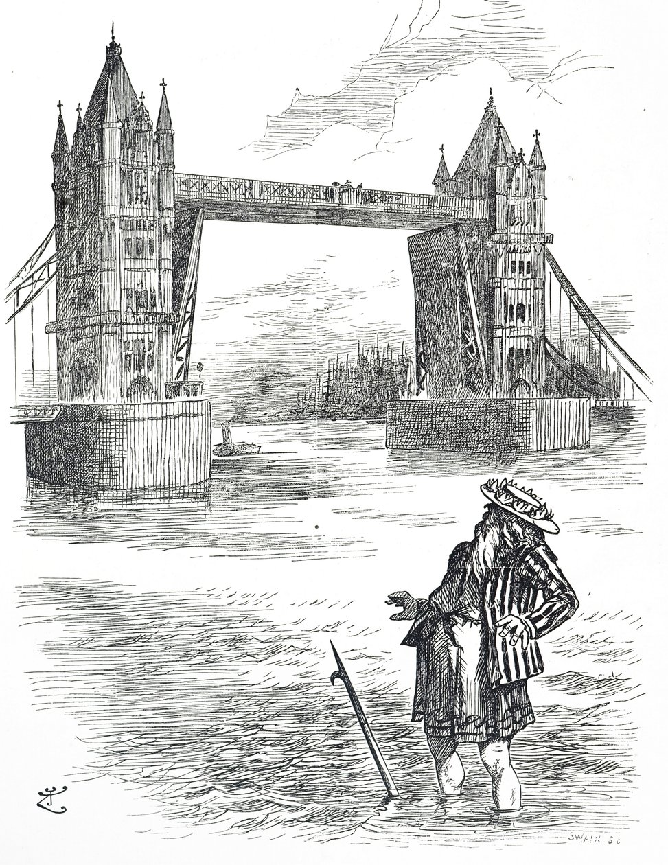 Karykatura przedstawiająca Ojca Tamizę podziwiającego Tower Bridge w Londynie autorstwa John Tenniel