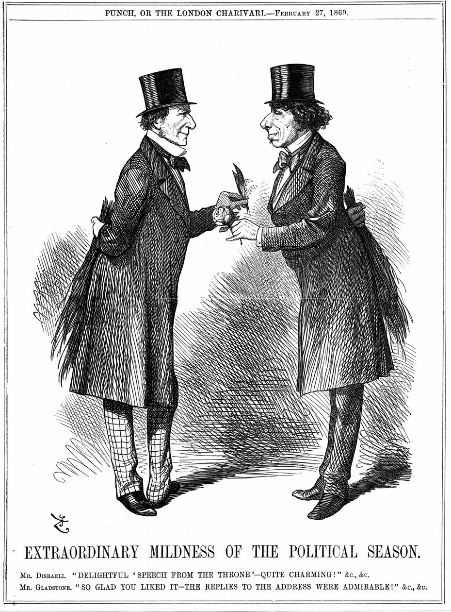 „Niezwykła łagodność sezonu politycznego”: Disraeli gratuluje Gladstone przemówienia Sovereign podczas otwarcia parlamentu. Obaj mają za sobą brzozę, aby zacząć bić się nawzajem, gdy tylko sesja się rozpocznie. Kreskówka Johna Tenniela z Pun autorstwa John Tenniel
