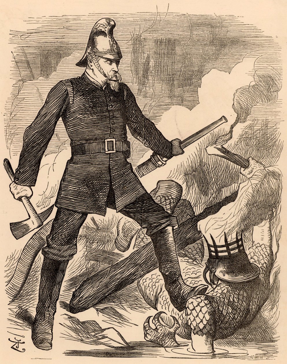 Eyre Massey Shaw walczący z ogniem, z „Punch” Londyn, 20 sierpnia 1887 (grawerowanie) autorstwa John Tenniel