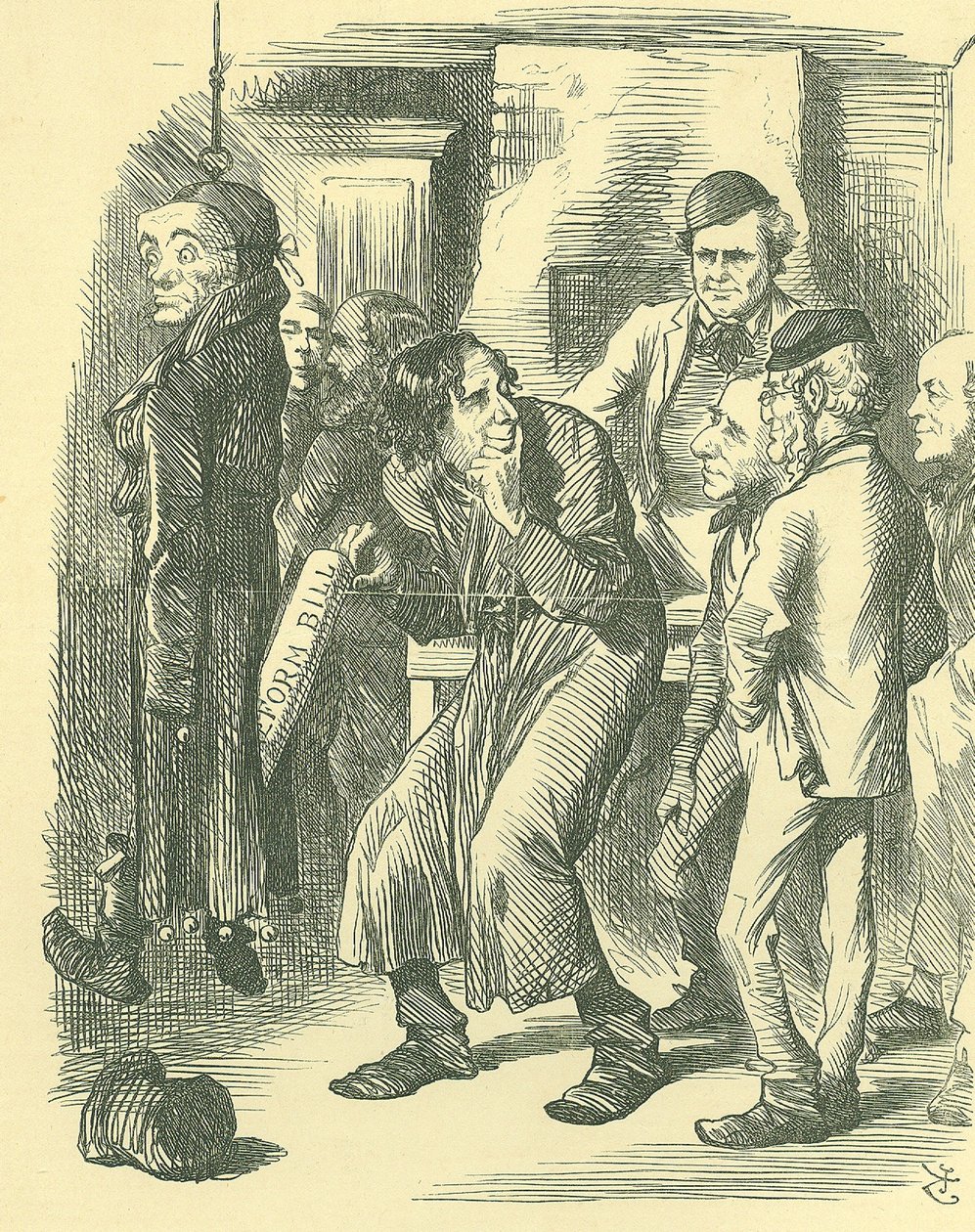 Szkoła Polityczna Fagina: Reforma Parlamentu - rozszerzenie franczyzy. Disraeli przeprowadził ustawę reformatorską przez Izbę Gmin w 1867 r., twierdząc, że zaakceptował prawodawstwo. Tutaj jest pokazany, jak wyciąga go z kieszeni Lorda Johna Russella. autorstwa John Tenniel