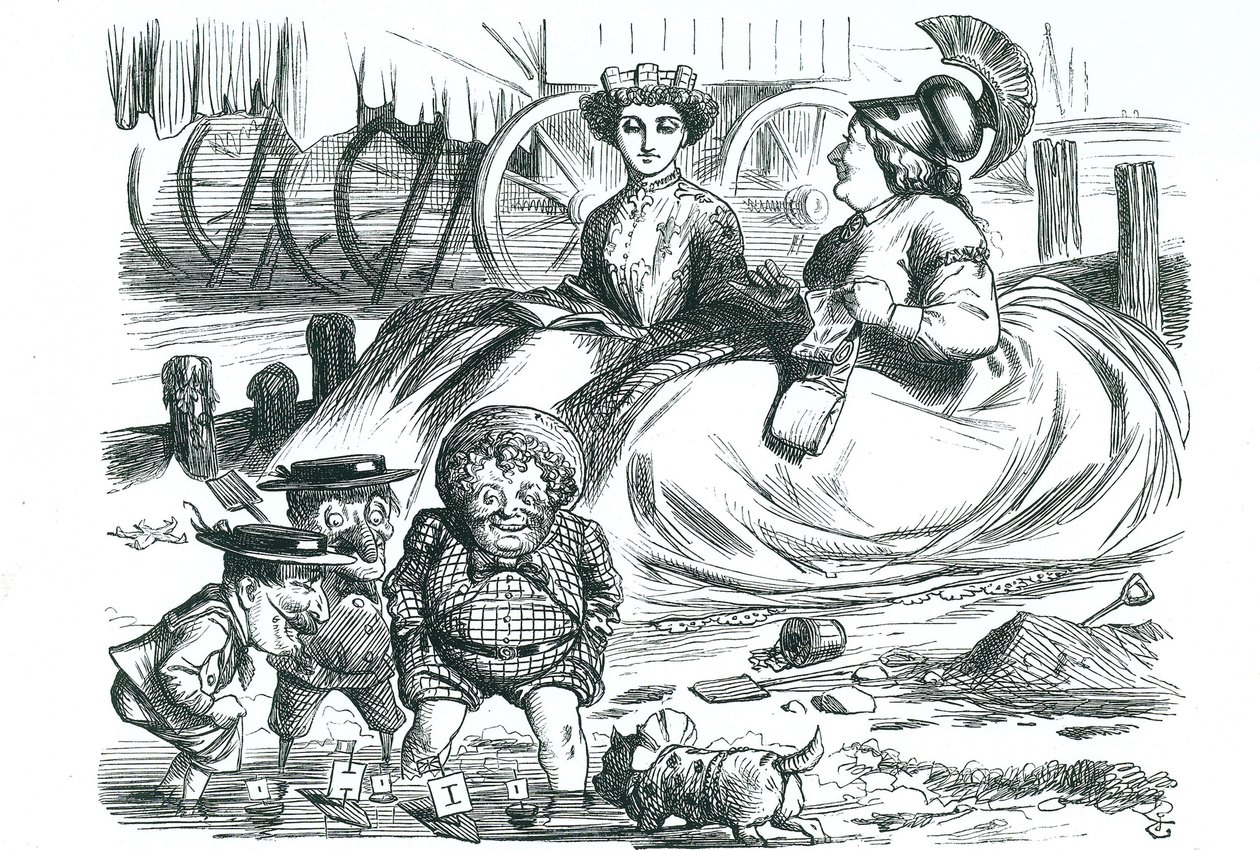 Francja i Wielka Brytania obserwują dzieci (John Bull, Mr Punch i Napoleon III). W tym roku minął 50 lat pokoju między Francją a Wielką Brytanią i początek Entente Cordiale. Kreskówka Johna Tenniela z „Punch”, Londyn autorstwa John Tenniel