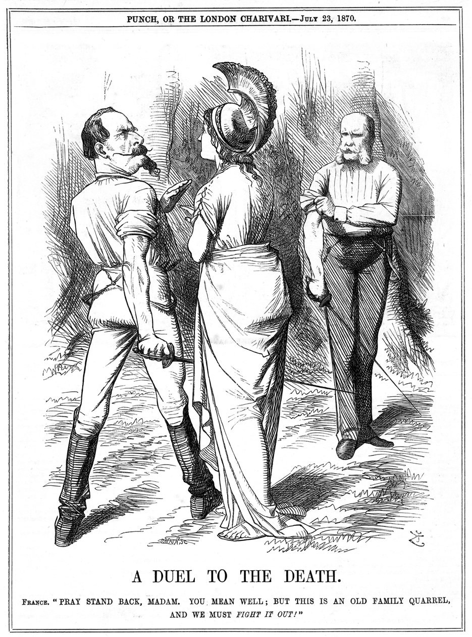 Wojna francusko-pruska 1870-1871: Brytyjczycy próbują powstrzymać Napoleona III w wojnie z Niemcami. Deklaracja francuska dostarczona do Berlina 19 lipca, proklamacja 23 lipca. Karykatura Johna Tenniela z Punch, Londyn, 23 lipca 1870. Grawerowanie autorstwa John Tenniel