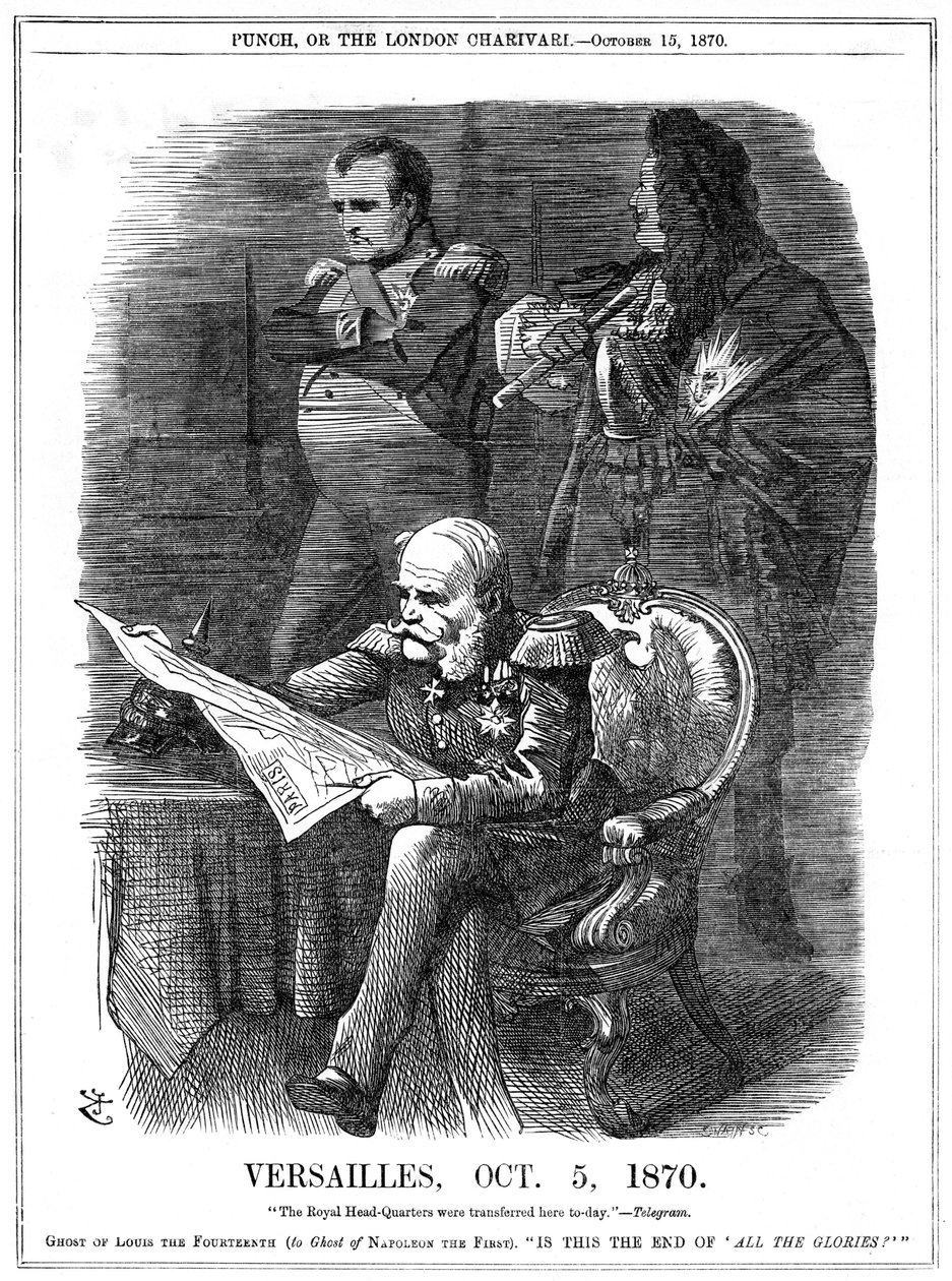 Wojna francusko-pruska 1870-1871: Odcienie Ludwika XIV i Napoleona I opłakują zanikanie chwały Francji. 5 października 1870 Wilhlem I, król pruski, uczynił swoją siedzibę w Wersalu, a 18 stycznia został ogłoszony cesarzem Niemiec w Sali Lustrzanej autorstwa John Tenniel