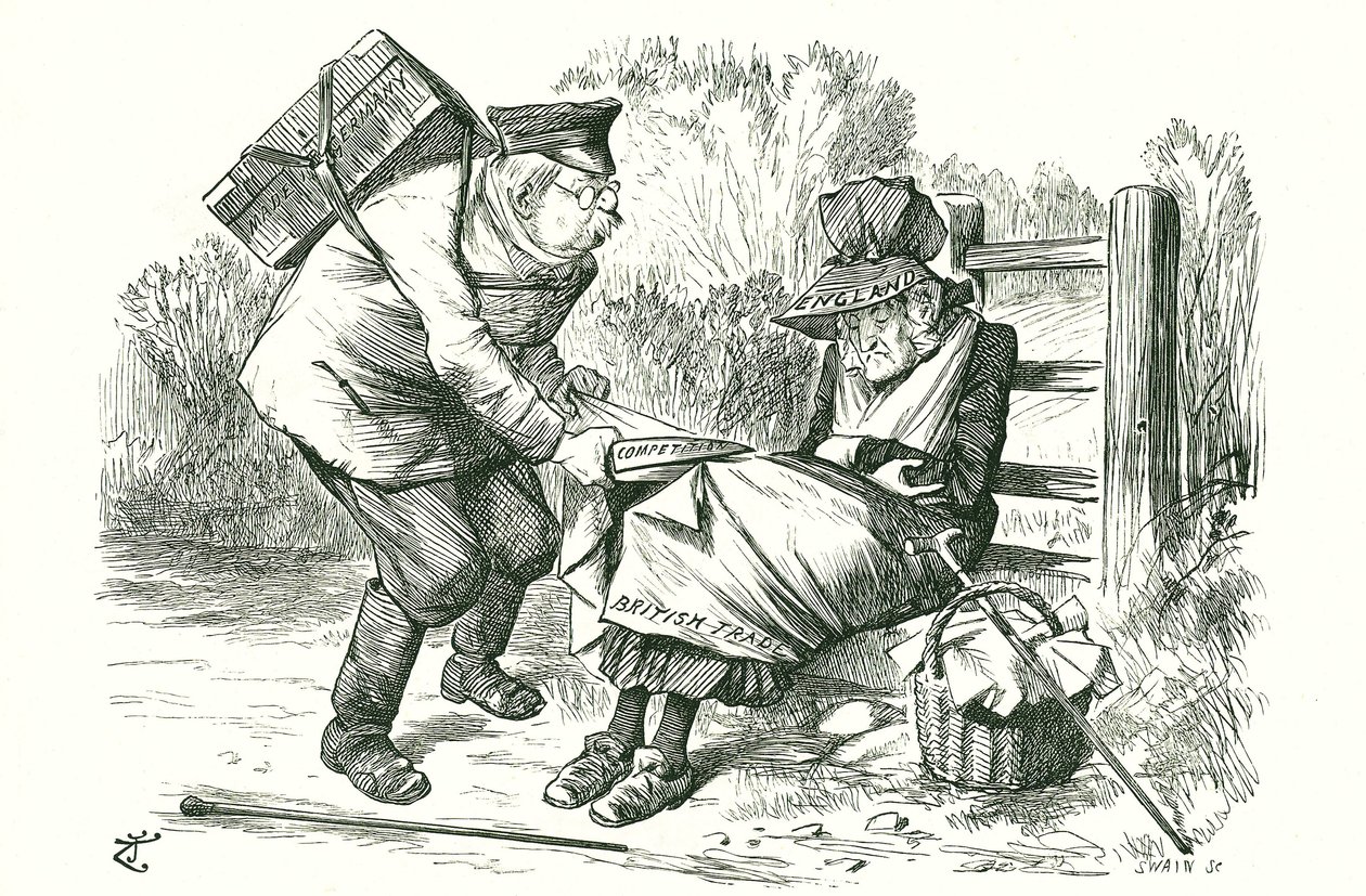 Niemcy odbierają Wielkiej Brytanii pozycję światowego lidera w handlu i produkcji. Karykatura Johna Tenniela z Punch, 5 września 1896. autorstwa John Tenniel