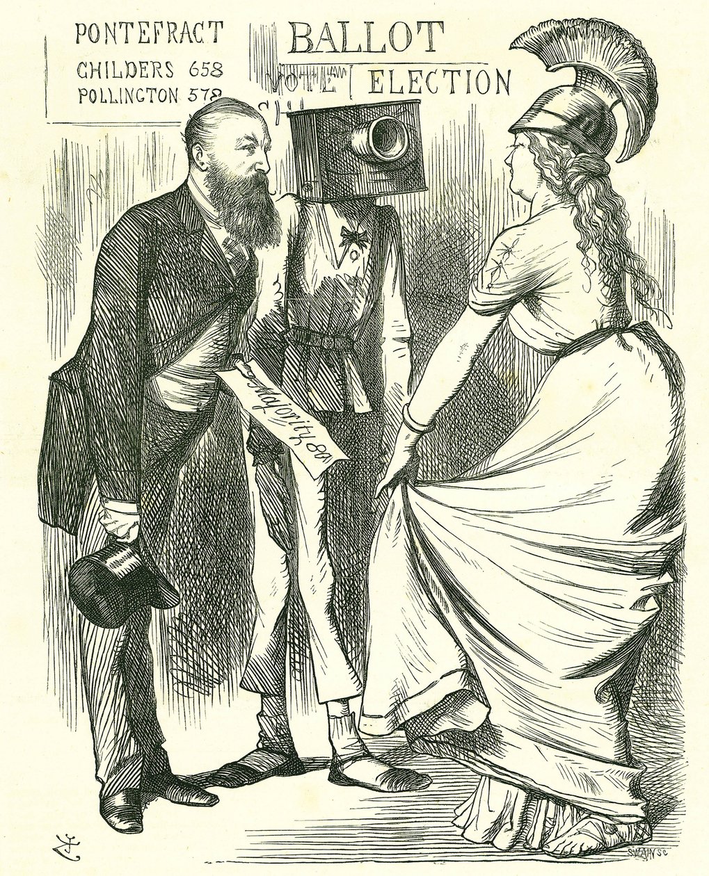 Hugh Childers (1827-1896) brytyjski parlamentarzysta, opowiadający Brytani o sukcesie nowej urny wyborczej. Karykatura Johna Tenniela z „Punch”, Londyn, 24 sierpnia 1872 r. autorstwa John Tenniel