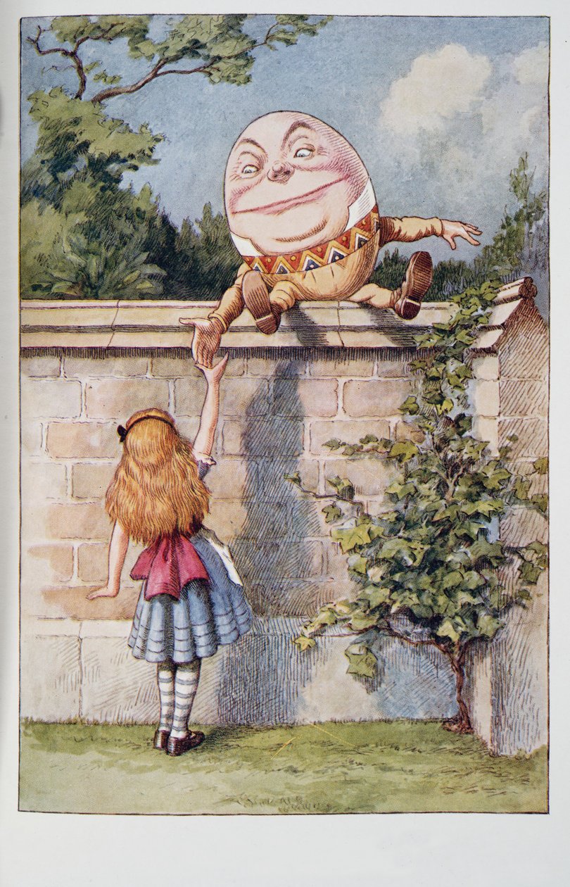Humpty Dumpty, z Przygód Alicji w krainie czarów i Przez szkiełko patrzące i co Alicja tam znalazła, Lewisa Carrolla (1832 - 98), wyd. 1911 (litografia kolorowa) autorstwa John Tenniel