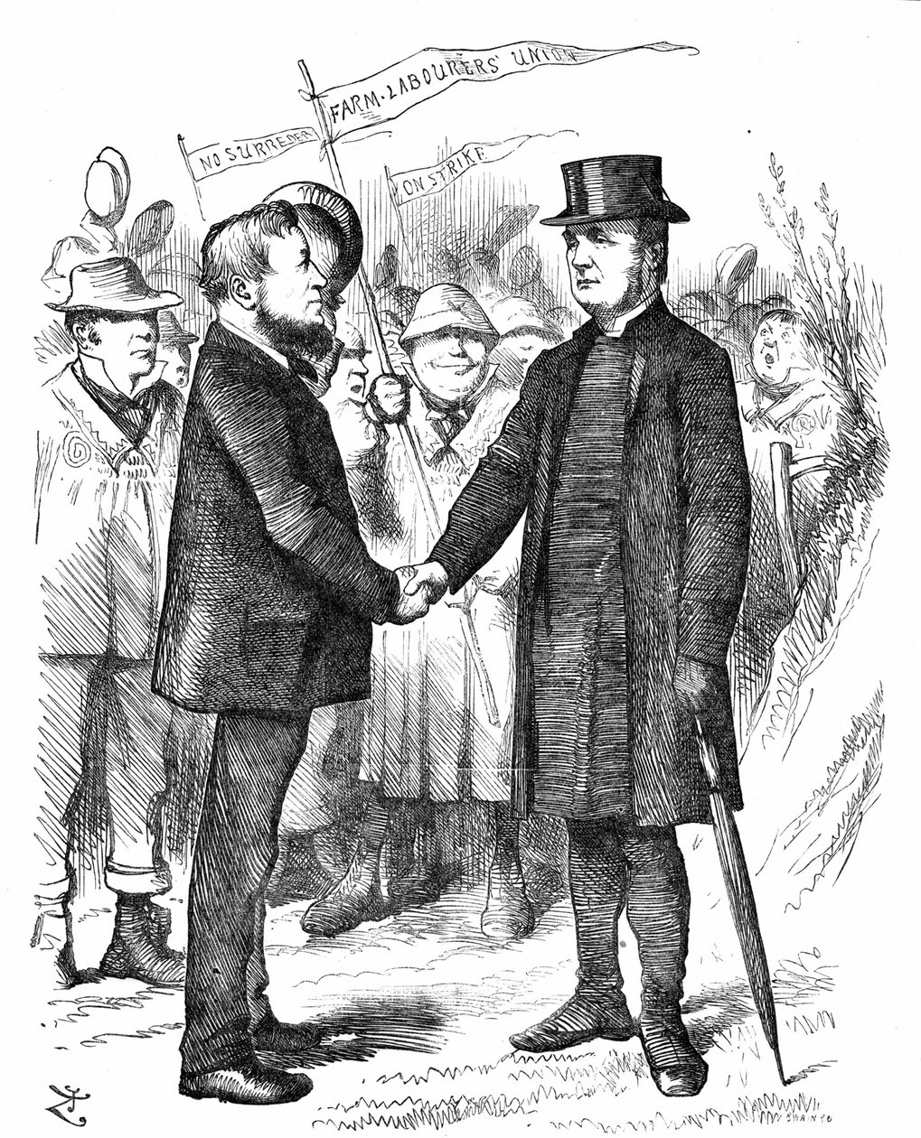 Joseph Arch (1826-1919) Angielski związkowiec, polityk i robotnik rolny. Założyciel Krajowego Związku Pracowników Rolnych. Arch pozdrowienie Biskupa Manchesteru, który poparł Unię w liście do The Times. Kreskówka Johna Tenniela z Punch London autorstwa John Tenniel