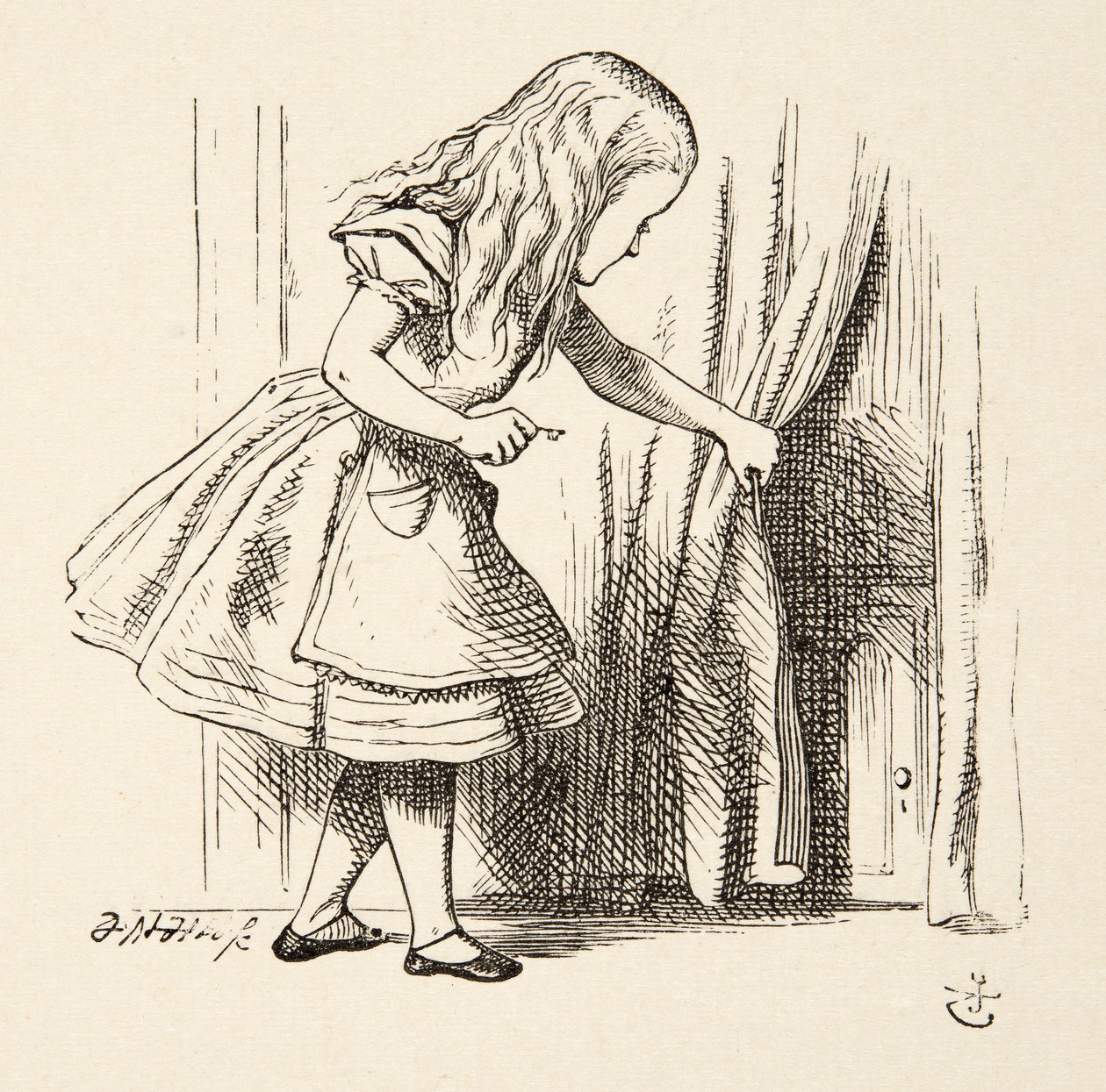 Patrząc za kurtynę, z Alicji w krainie czarów Lewisa Carrolla (1832 - 98), wyd. 1891 autorstwa John Tenniel