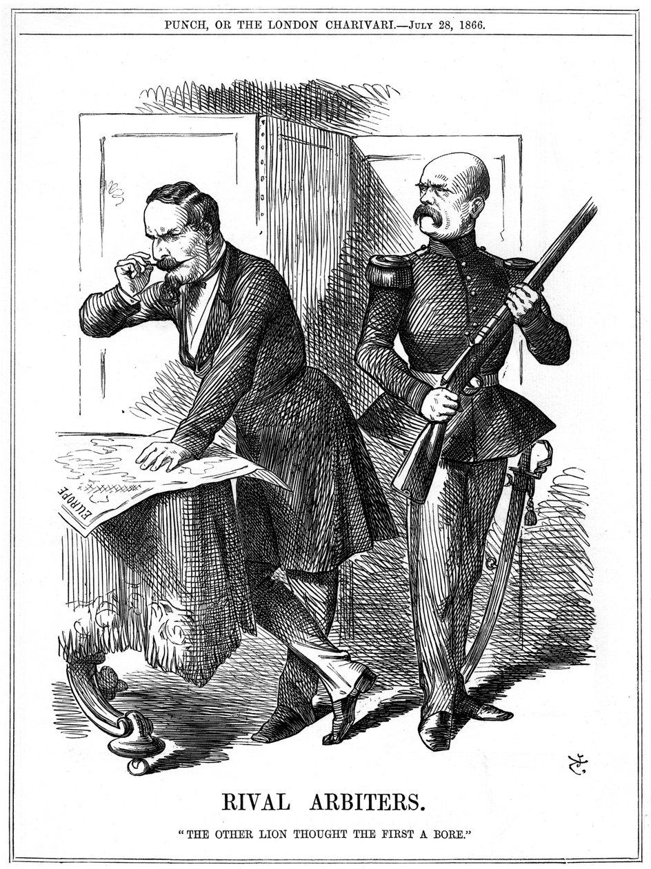 Napoleon III (1808-1873), cesarz Francji 1852-1870 i Otto von Bismarck (1808-1783), kanclerz pruski, dzielący Europę. Ich sprzeczne ambicje doprowadziły do wojny francusko-pruskiej w latach 1870-1871. Karykatura Johna Tenniela z Punch, Londyn, 28 lipca 18 autorstwa John Tenniel