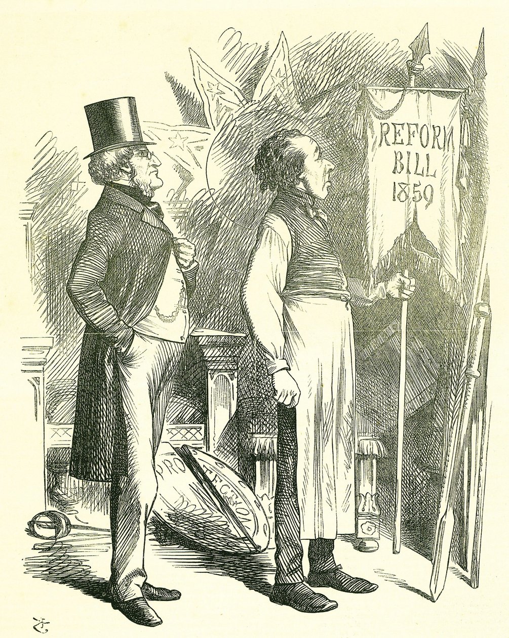 Ekonomia polityczna: reforma parlamentu - rozszerzenie franczyzy. Disraeli (kanclerz) i Derby (premier) odkurzają ustawę reformatorską. W 1867 Disraeli wprowadził nową ustawę. Kreskówka Johna Tenniela z Punch w Londynie autorstwa John Tenniel