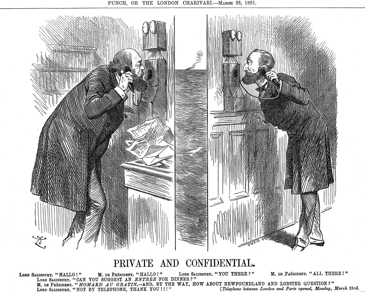 Prywatne i poufne, otwarcie anglo-francuskiej linii telefonicznej, 1891 autorstwa John Tenniel