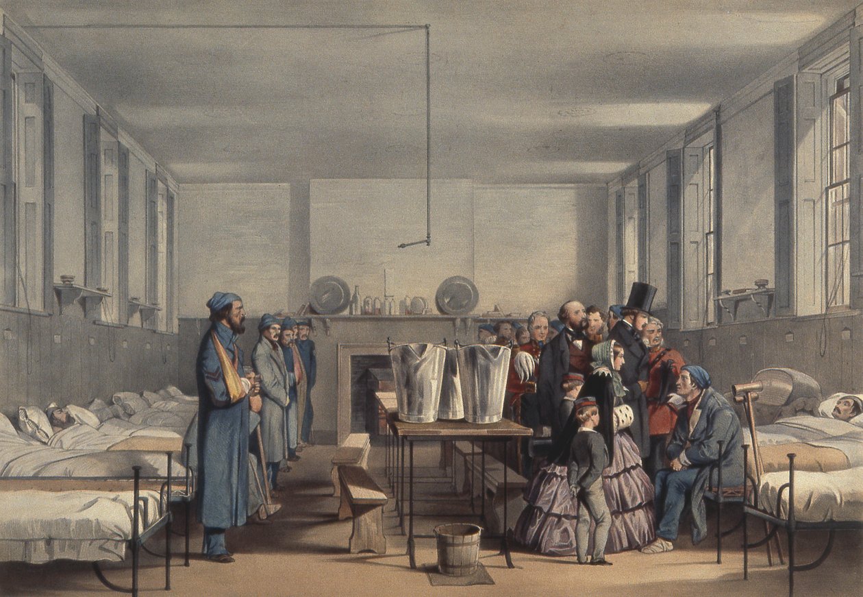 Królowa Wiktoria i książę Albert odwiedzający żołnierzy rannych w wojnie krymskiej, w Brompton Hospital, Chatham, 1855 autorstwa John Tenniel