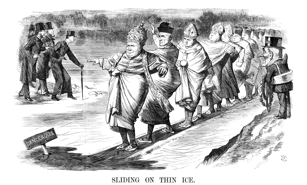 Poślizg na cienkim lodzie, 1869 autorstwa John Tenniel