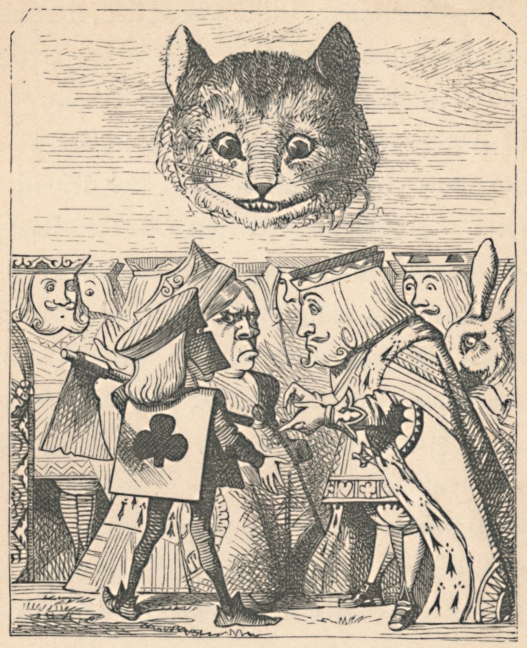 Kot z Cheshire patrzący w dół na kłótnię Czerwonego Króla i Królową, 1889 autorstwa John Tenniel