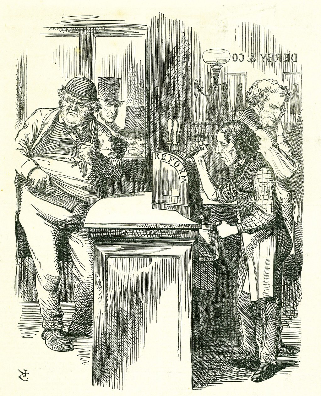 The Honest Pot Boy: Reform of Parliament - rozszerzenie serii. Disraeli zaserwował Reformę Johnowi Bullowi obserwowanemu przez jego parlamentarną opozycję. Przedstawił i niósł swoją ustawę reformatorską. Kreskówka Tenniel z Punch, Londyn autorstwa John Tenniel