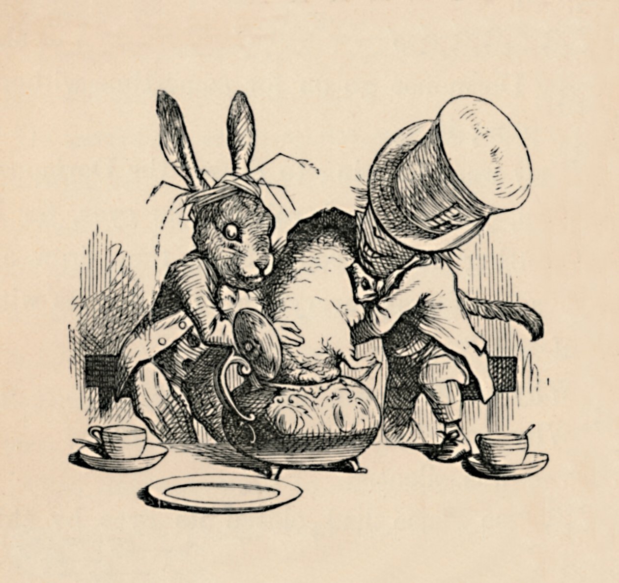 Szalony Kapelusznik i Marcowy Zając próbują włożyć popielicę do czajnika, 1889 autorstwa John Tenniel