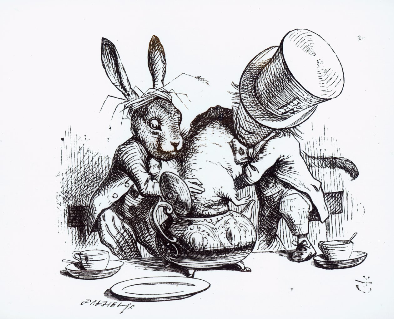 Szalony Kapelusznik i Marcowy Zając umieszczają popielicę w czajniczku, ilustracja z „Przygód Alicji w Krainie Czarów” Lewisa Carrolla, 1865 autorstwa John Tenniel