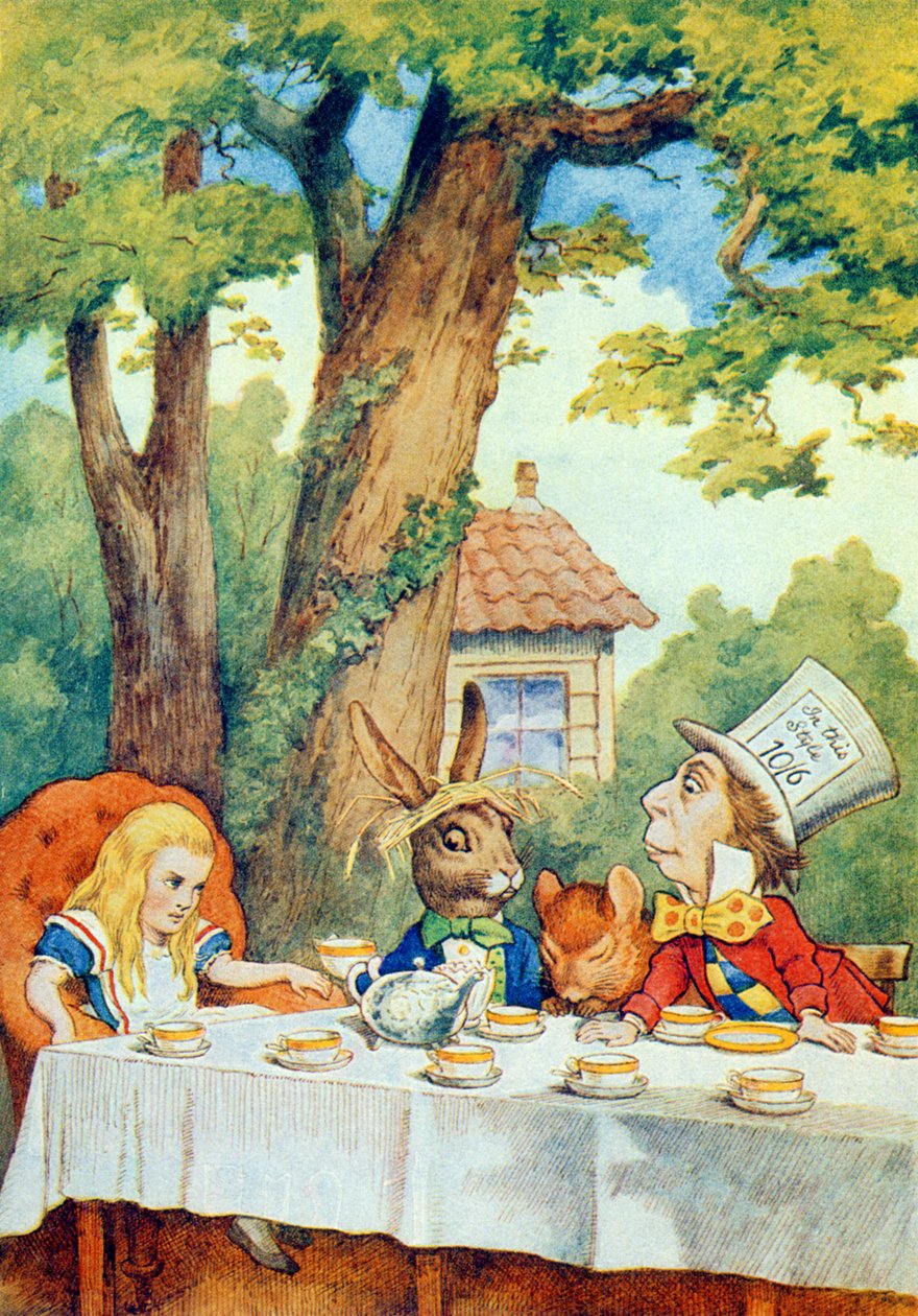 Herbatka Szalonego Kapelusznika, ilustracja z „Alicji w Krainie Czarów” Lewisa Carrolla (1832-9) autorstwa John Tenniel